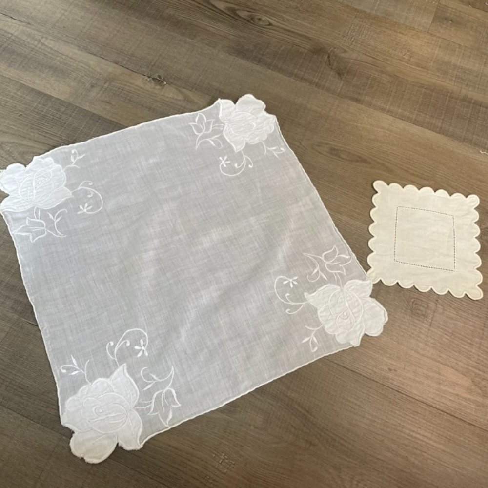 Vintage White Scarfs Handkerchief Floral Embellishment